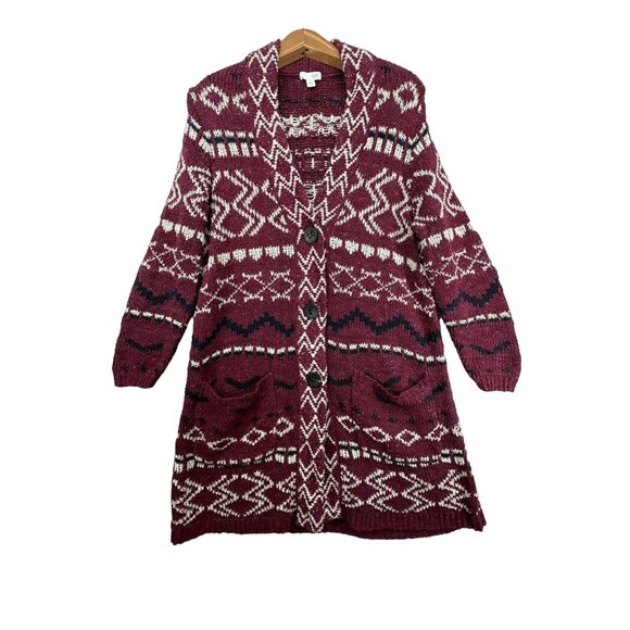 J.Jill Womens Cardigan Sz M Maroon Longline Boho Southwest Button Front Sweater - Picture 1 of 13